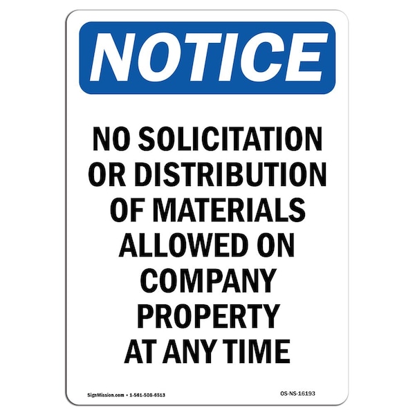 Signmission OSHA Notice, 5" Height, NOTICE No Solicitation Company Property Sign, 5" X 3.5", Portrait OS-NS-D-35-V-16193 - main